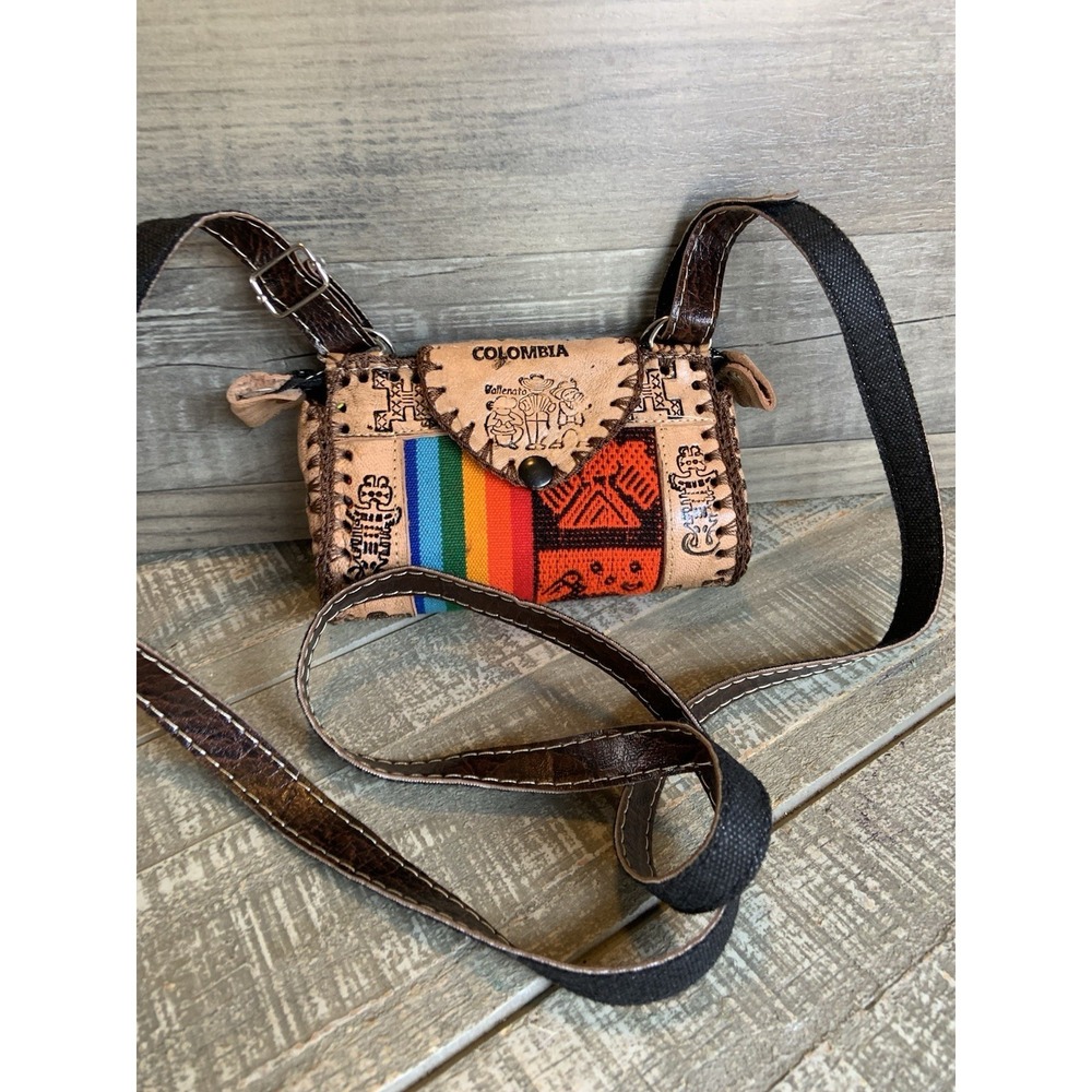 Columbia Style Purse With Multi Colored Fabric and hand tooled leather Crossbody